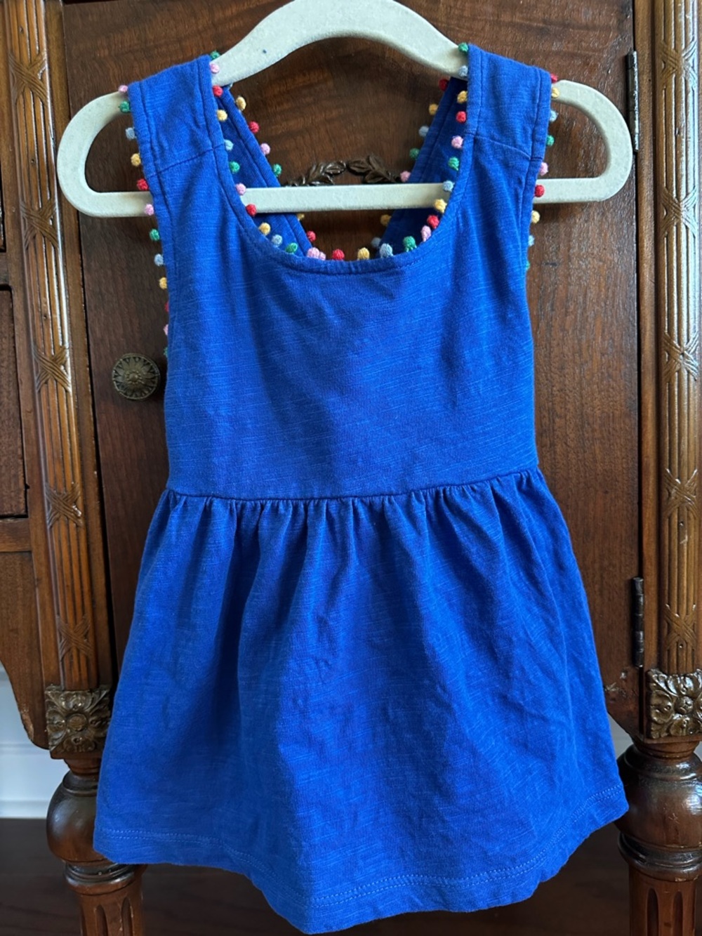 Mini Boden Blue Tank Dress with Multicolor Pom Trim